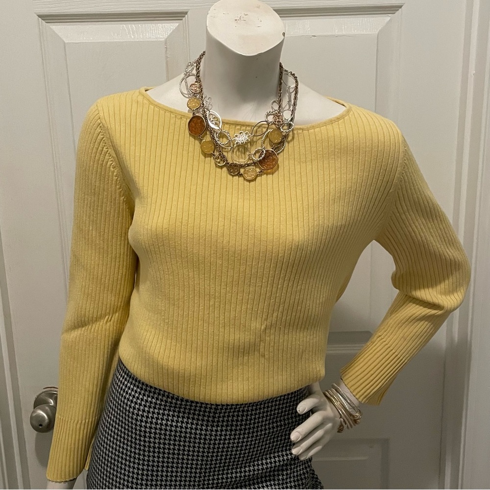 Jones New York Yellow Ribbed Crew Neck All Weather Sweater